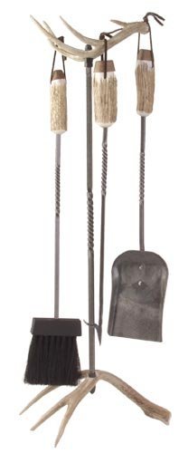 Standard antler fireplace set w/Bristle brush. Real deer antler base and top. Wrought iron tools. Stand 33"H Tools...