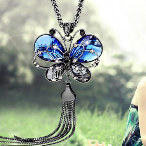 Women's Tassel Necklace Rhinestone Blue Butterfly Pendant Long Chain Divine N3