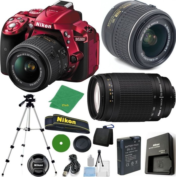 Nikon D5300 Red - International Version (No Warranty), 18-55mm f/3.5-5.6 DX VR, Nikon 70-300mm f/4-5.6G Nikkor...