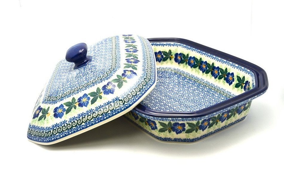 Polish Pottery Baker - Rectangular Covered - Large - Blue Pansy