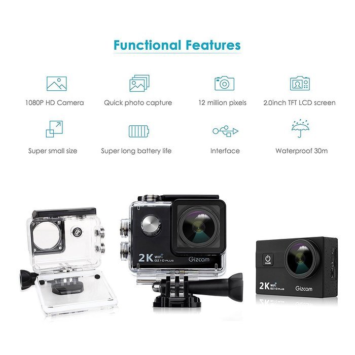 Action Camera Gizcam GZ10 Plus Sports Camera Wifi Waterproof 2K 2.0 Inch 1080P FHD 12MP 173 Degree Wide Angle...