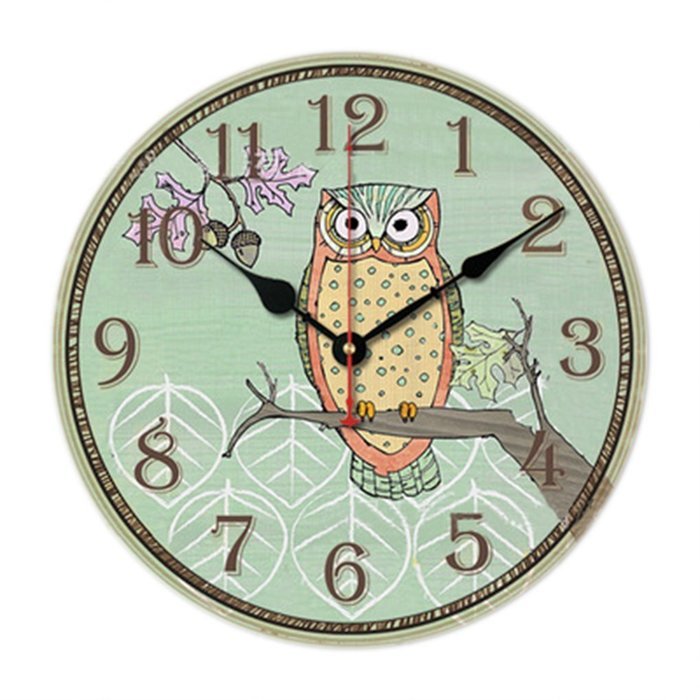 MuLuo 14inch Home Digital Wall Clocks Owl Printing Living Room Quartz Round Wood Watches F