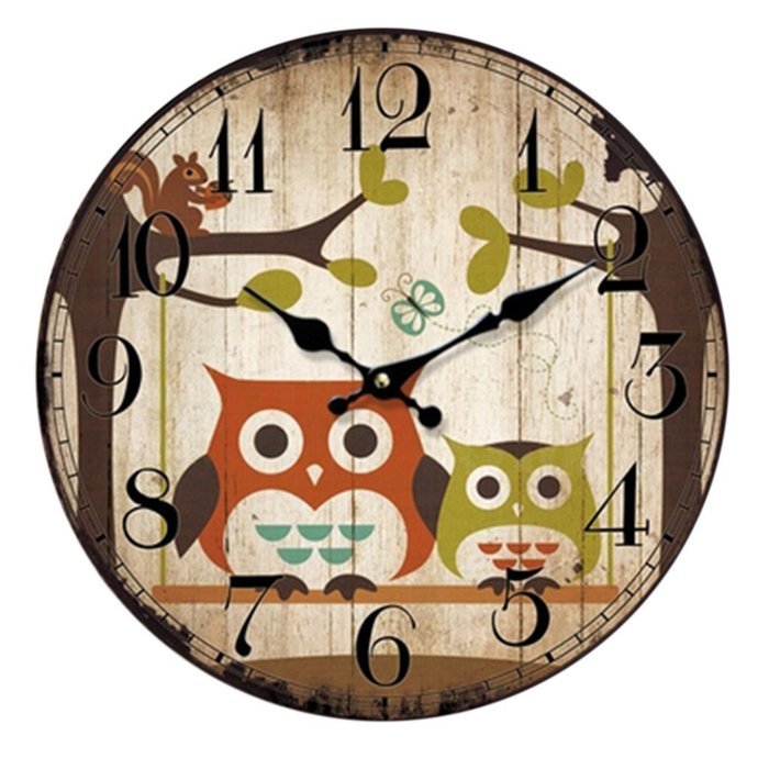 MuLuo 14inch Home Digital Wall Clocks Owl Printing Living Room Quartz Round Wood Watches F N2