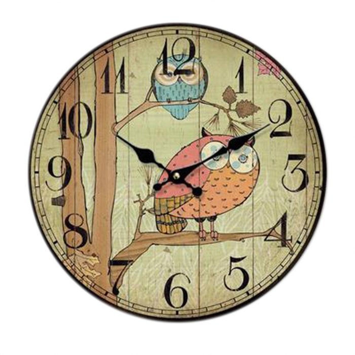 MuLuo 14inch Home Digital Wall Clocks Owl Printing Living Room Quartz Round Wood Watches F N3