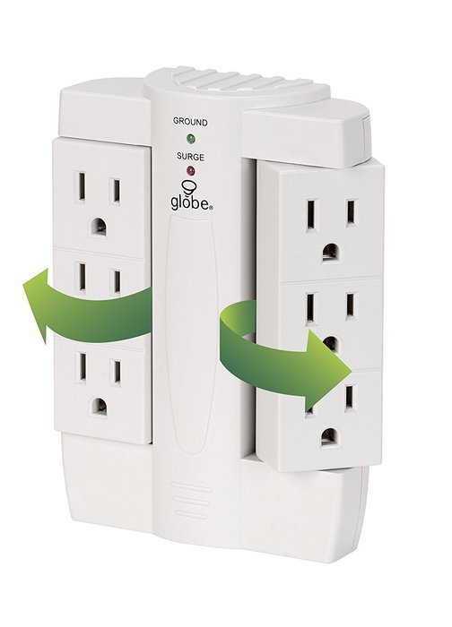6 Outlet Swivel Surge Protector Wall Tap, 2100 Joules, White Finish, Globe Electric 7732001