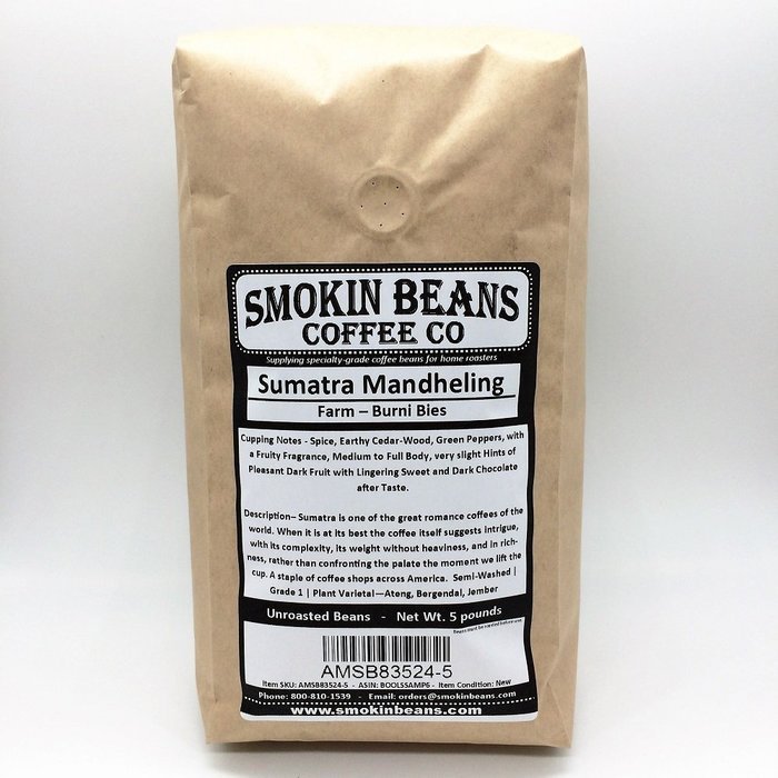 5-pounds &ndash; Sumatra Mandheling &ndash; Green Unroasted Whole Coffee Beans - In a Burlap Bag - For Home Coffee Roasters...