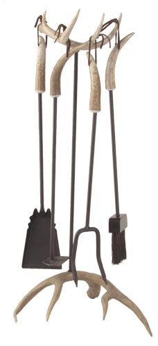 Antler Fireplace set w/4 tools/bristle brush. Real deer antler base and top 30" tall, Tools 23" long