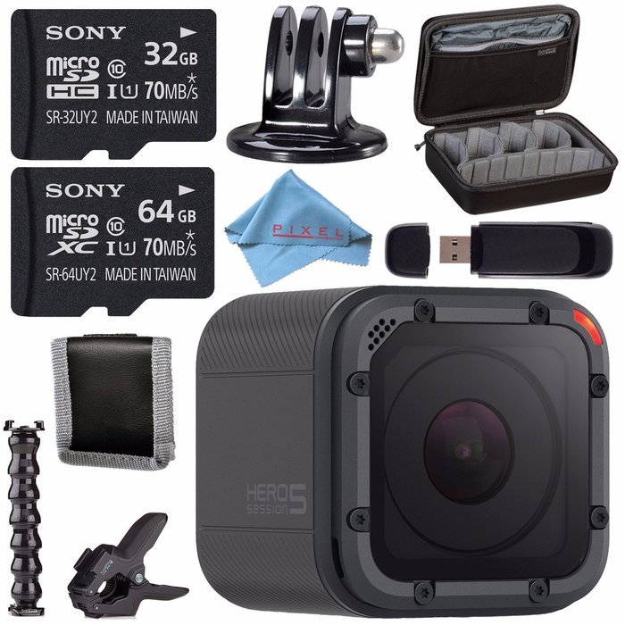 GoPro HERO5 Session CHDHS-501 + Sony 32GB microSDHC Card + Sony 64GB microSDXC + GoPro Jaws Flex Clamp + Custom...