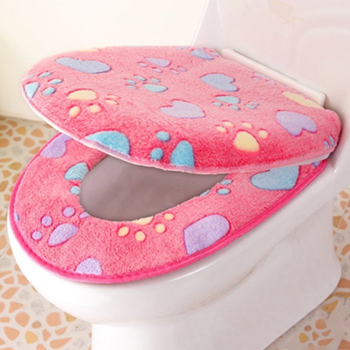 Spritech(TM) Soft Bathroom Warmer Washable Velveteen Cartoon Pattern Toilet Seat Cover Pads Color Random N3