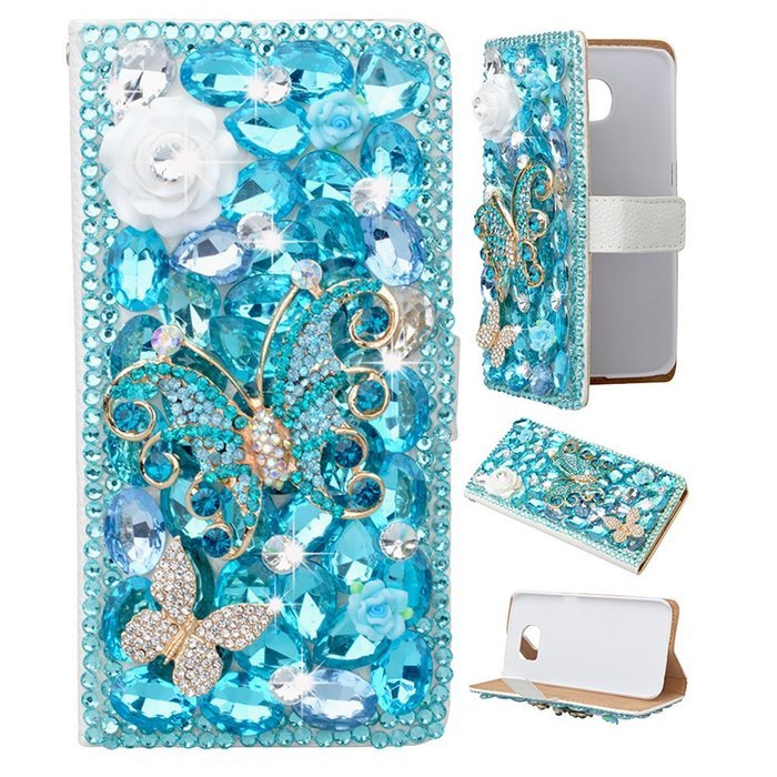 Spritech(TM) PU Leather Bling Phone Case For Iphone 7 4.7inch,Handmade Blue Crystal Flower Accessary Design Cellphone... N10