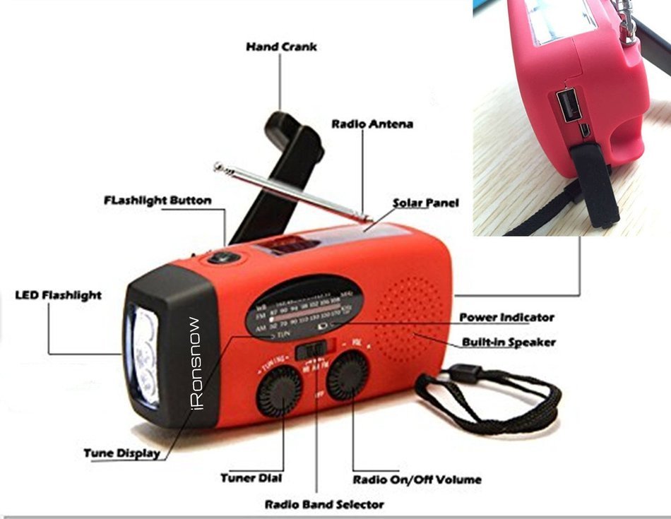 Designed and improved by iRonsnow&reg; IS-088U Emergency Solar Hand Crank Self Powered AM/FM/NOAA/WB Weather Radio