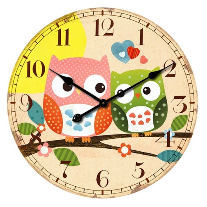 MuLuo 14inch Home Digital Wall Clocks Owl Printing Living Room Quartz Round Wood Watches F N4