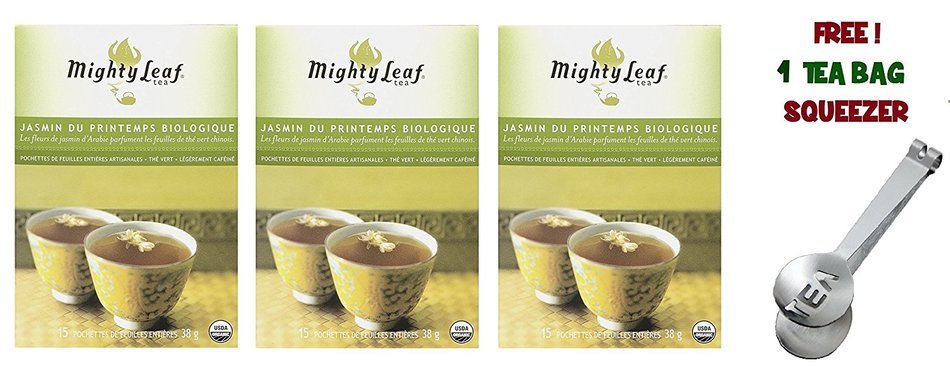Mighty Leaf Tea , Organic Green Spring Jasmine ,(With FREE Tea Bag Squeezer) (3 Pack)