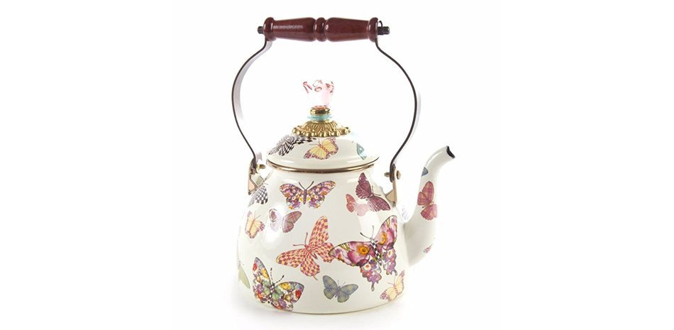 Mackenzie-Childs Butterfly Garden Enamel Tea Kettle 2 Quart - White