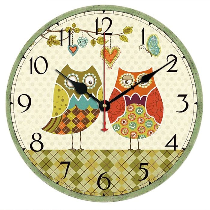 MuLuo 14inch Home Digital Wall Clocks Owl Printing Living Room Quartz Round Wood Watches F N5