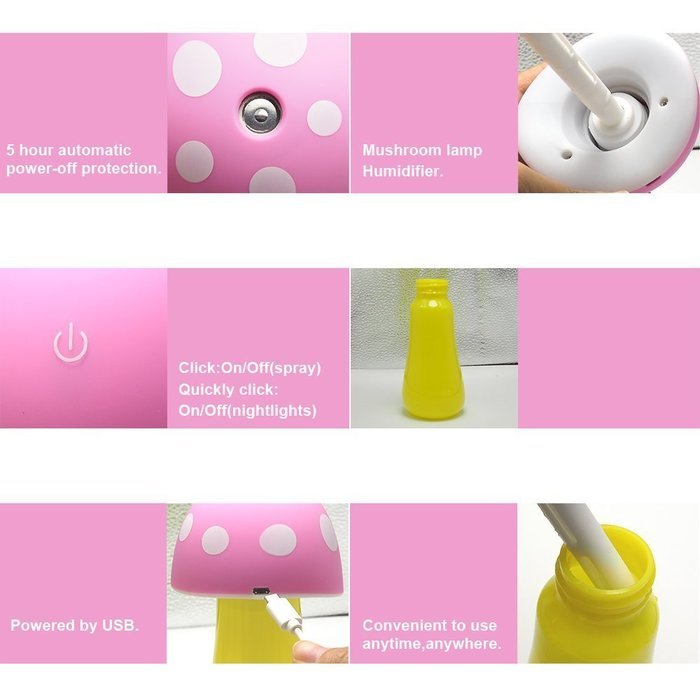 Fasthorse Mushroom Lamp Humidifier Portable USB Aromatherapy Aroma Diffuser for Office Home Travel (Pink) N13