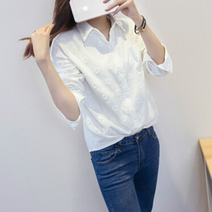KAKA(TM) Girl Women Spring Autumn Long Sleeve Blouses Printing Flower Shirt White M N5