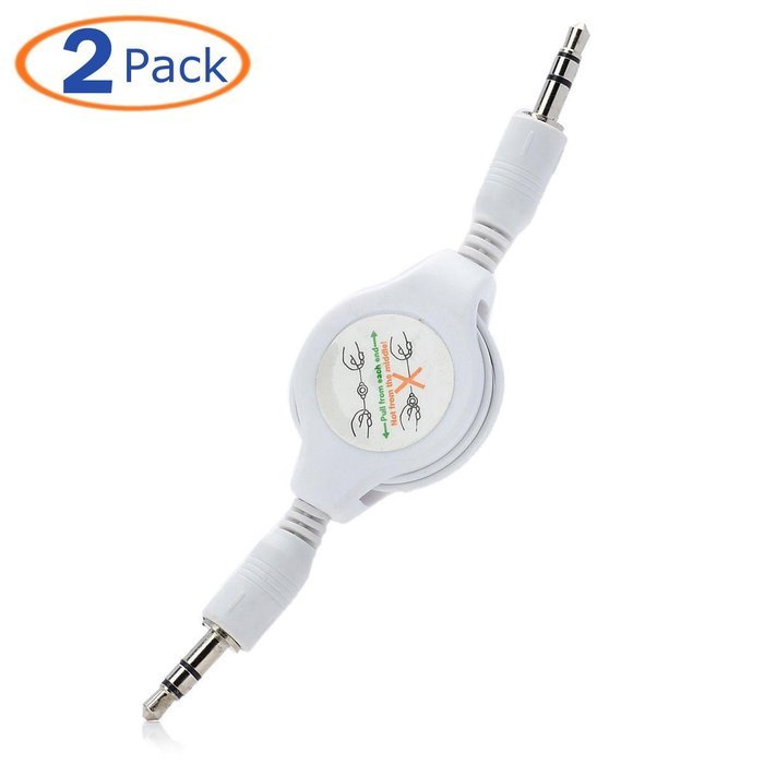Conwork 2-Pack Auxiliary Retractable 3.5mm Male to Male Stereo Audio Extension Cable Cord (1 Black + 1 White)
