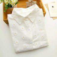 KAKA(TM) Girl Women Spring Autumn Long Sleeve Blouses Printing Flower Shirt White M N9