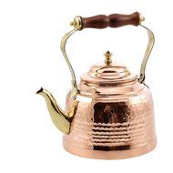 Old Dutch Hammered Tea Kettle with Brass Spout and Knob and Wooden Handle, 2 qt., Copper