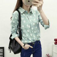 KAKA(TM) Girl Women Spring Autumn Long Sleeve Blouses Printing Flower Shirt White M N21
