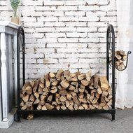 MyGift Fireside Wood Rack, Freestanding Log Holder with Kindling Hooks, Black N3