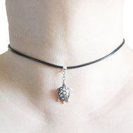 Turtle Charm Pendant Choker Necklace with Black Cord