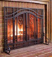 Small Two-Door Floral Fireplace Screen with Beveled Glass Panels, in Black
