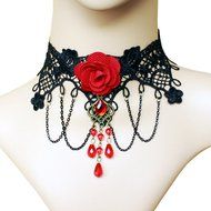Kiss Rain Red Rose Flower Popular Girl Gothic Lolita Black Lace Collar Choker Necklace