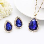 Lady Blue Sapphire Gold Plated Jewelry Set Necklace Earrings Lady Engagement