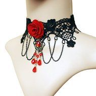 Kiss Rain Red Rose Flower Popular Girl Gothic Lolita Black Lace Collar Choker Necklace N2