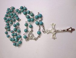 Unique Turquoise Beads Rosary Blue Catholic Necklace Holy Soil Medal &amp; Cross N3