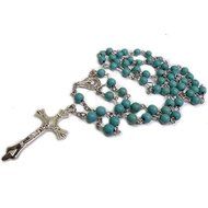 Unique Turquoise Beads Rosary Blue Catholic Necklace Holy Soil Medal &amp; Cross N4