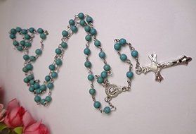 Unique Turquoise Beads Rosary Blue Catholic Necklace Holy Soil Medal &amp; Cross N5