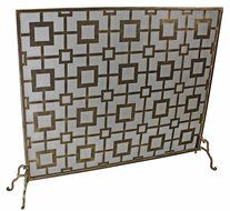 Light Burnished Gold Iron Geometric Square Design Single Panel Fire Screen with Mesh Backing