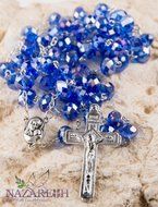 Blue Large Crystals Beads Rosary Necklace Jesus Cross and Holy Soil (Holy Land)