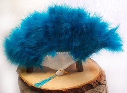 Quasimoon 11" Turquoise Marabou Feather Chinese Folding Hand Fan for Weddings by PaperLanternStore
