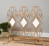 Contemporary Gold Swirl Fireplace Screen | Mirrored Metal Open Scroll N2
