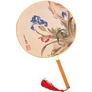 2PCS Cotton Fabric Fan Print Decor Bamboo Handle Round Hand Fan, Red/Blue