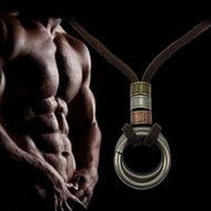 Vintage Retro Mens Leather Cord Necklace Double Circle Ring Pendant Jewelry Gift