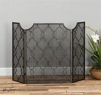 Arabesque Fretwork Forged Metal 3 Panel Fireplace Screen w/ Mesh Backing
