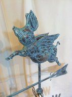 LARGE Handcrafted FULL BODY 3- Dimensional FLYING PIG Weathervane Copper Patina Finish N4