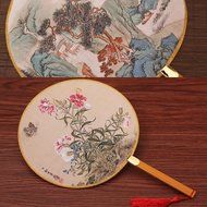 Set of 2 Cotton Fabric Print Decor Bamboo Handle Round Hand Fan, Flowers