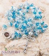 Unique Light Blue Crystal Beads Catholic Rosary with Holy Soil Medal &amp; Crucifix N4