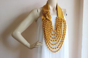 Mustard Crochet Necklace- Flower Necklace Scarf- Jewelry Scarf-Handmade Loop Scarf -Vegan Scarf N3