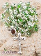 Unique Green Crystal Beads Catholic Rosary with Holy Soil Medal &amp; Crucifix