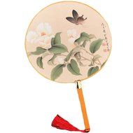 Set of 2 Cotton Fabric Print Decor Bamboo Handle Round Hand Fan, Flowers N2