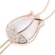 Striking Women&#039;s Beauty Tulip Flower Pendant Crystal Rhinestones Long Necklace White