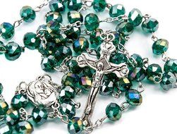 Unique Green Beads Crystals Rosary Catholic Necklace Holy Soil Medal &amp; Crucifix N2