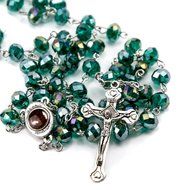 Unique Green Beads Crystals Rosary Catholic Necklace Holy Soil Medal &amp; Crucifix N3